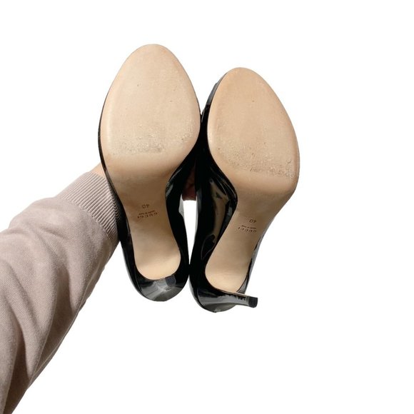 𝅺GUCCI Patent Leather Malaga Kid Horsebit Peep Toe Pumps Black - Picture 7 of 9